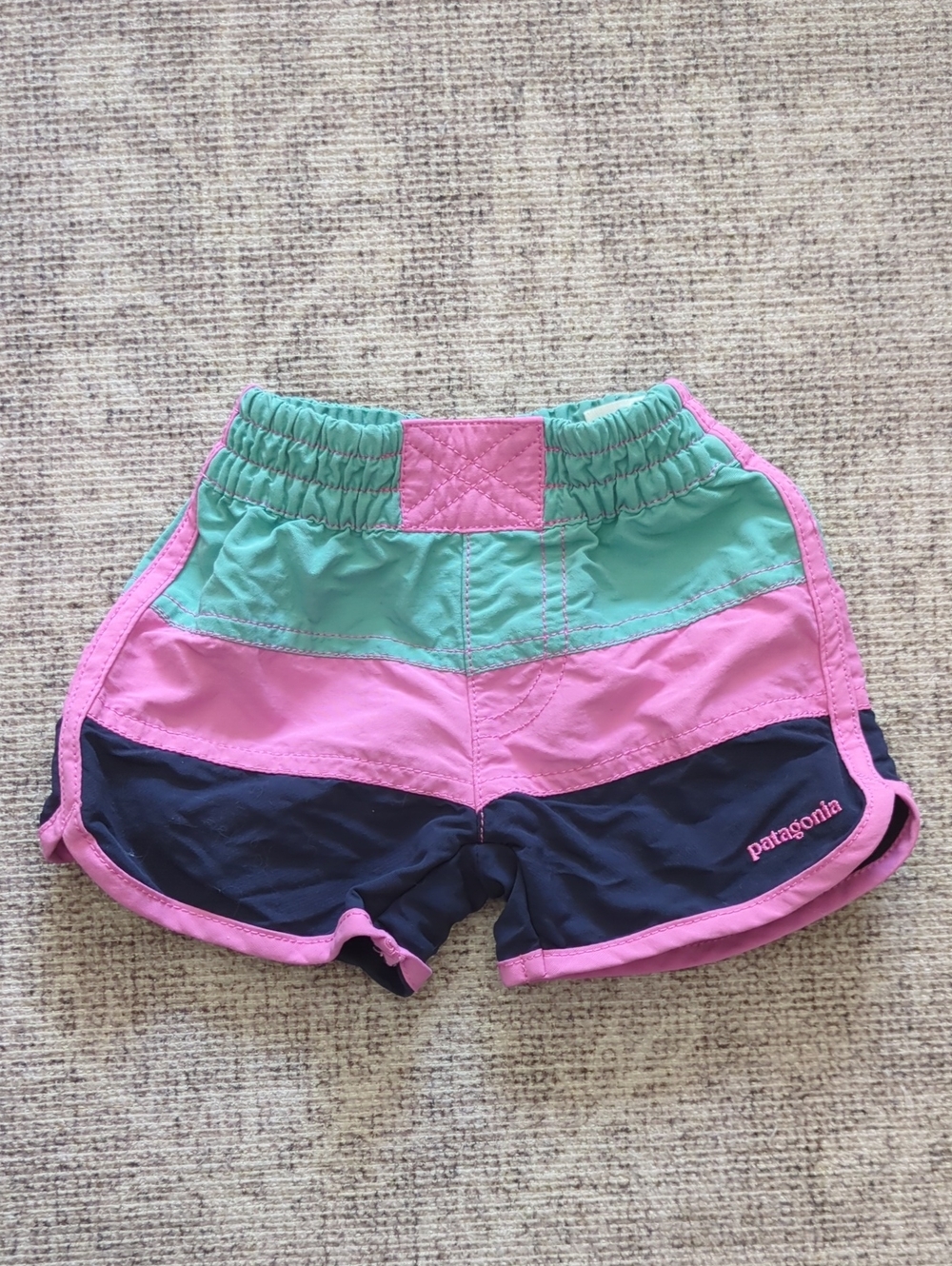 Patagonia Baby Pink, Mint & Navy Colorblock Swim Trunks Shorts
